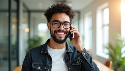 Happy young man with glasses talks on phone in office. He smiles and wears denim jacket. Pro guy communicates by smartphone with colleagues. Business calls, connection. Successful career.