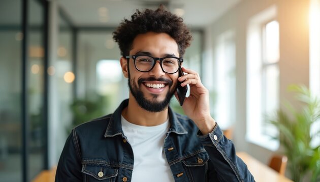 Happy young man with glasses talks on phone in office. He smiles and wears denim jacket. Pro guy communicates by smartphone with colleagues. Business calls, connection. Successful career.