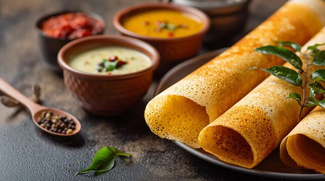 Rolled dosa served with sambar and chutney in clay bowl