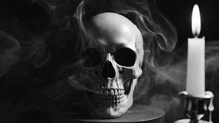 Smoky Skull Haunting Candlelight in Monochrome Mystery. - Powered by Adobe