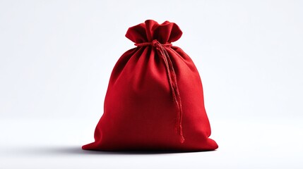 Crimson sack filled with gifts. The soft fabric folds gracefully, secured with a delicate string. Isolated against a clean white background. Ideal for festive promos.