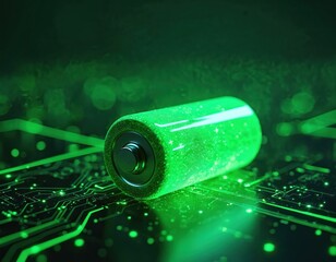 Glowing green battery on circuit board signifies power, tech. High capacity rechargeable energy storage concept. Illustration presents lithium ion tech future with neon light trails, vibrant colors.