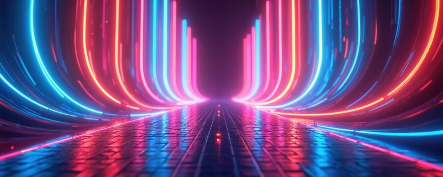 Abstract tunnel with vibrant neon light streaks. Glowing lines of blue and red curve into the distance over a reflective grid floor. Futuristic digital speed and energy.