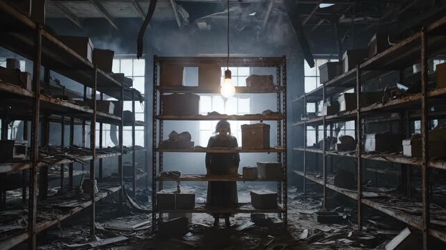 Female figure standing in dark abandoned warehouse with light bulb hanging and flickering. Post apocalyptic concept.