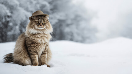 Big fluffy Maine Coon cat in Santa hat sitting in snow. Winter Christmas banner with isolated white copy space.