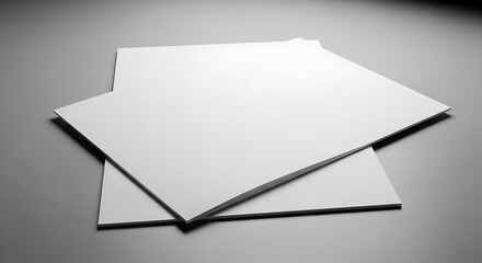 Two blank white sheets of paper overlapping on a dark background, ideal for minimalist design, presentation, or abstract concepts