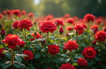 Obraz premium Field of red roses in bloom. Fresh roses grow in green garden beds. Many flowers open petals to sun light. Plants have dark green leaves and thorns. Nature scene.
