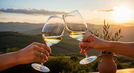 Enjoying a glass of refreshing white wine amidst a breathtaking Tuscan sunset panorama