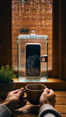 Digital detox concept with person enjoying tea in cozy cabin while smartphone is put away, slow living and mindfulness lifestyle