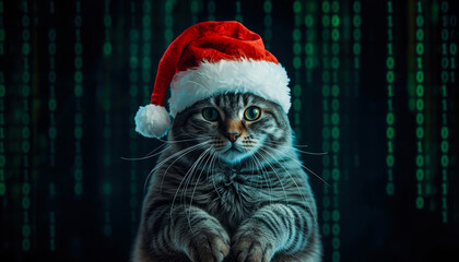 Tabby cat in Santa hat posing as a hacker. IT Christmas concept on green binary code background.