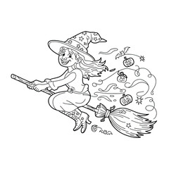 Whimsical witch flying on a broomstick with falling leaves and stars