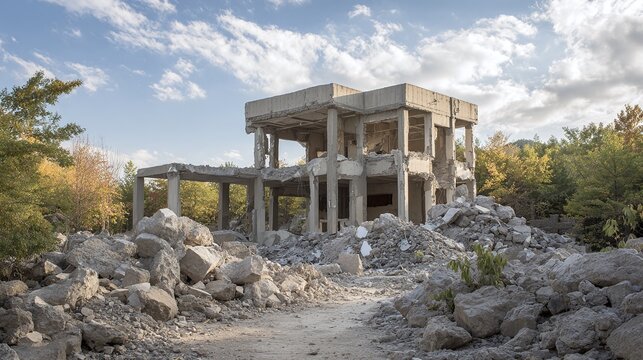 Concrete skeleton stands amidst rubble, a haunting reminder of what was. Nature's resilience is mirrored in the trees nearby, a poignant contrast. Sky is bright above