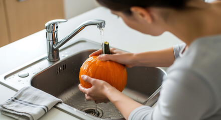 A woman meticulously washes a vibrant pumpkin under the running water of a kitchen faucet. The scene is illuminated, highlighting the freshness of the autumn harvest preparation.