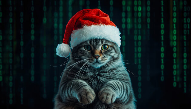 Tabby cat in Santa hat posing as a hacker. IT Christmas concept on green binary code background.