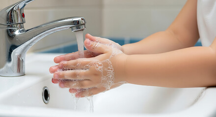 A child's hands are being washed under a stream of clean water from the bathroom's faucet, covered in soapy bubbles. Demonstrating a vital hygiene practice, ensuring cleanliness and health.