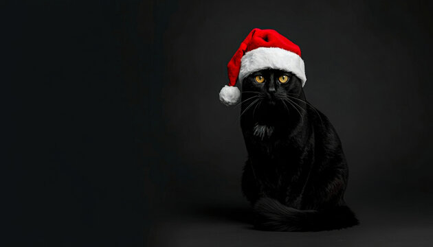 Beautiful black cat in Santa hat sitting on dark background. Mysterious Christmas concept with yellow eyes and copy space.