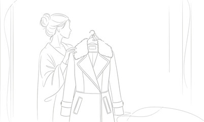 Woman choosing a stylish winter coat with fur collar in a fashion boutique store