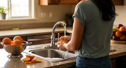 A person rinses fresh oranges in a bright kitchen sink, showcasing health and wellness through a vibrant and refreshing scene.