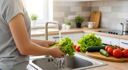 A person carefully rinses fresh, vibrant lettuce under a stream of clean water in a modern kitchen, with an array of healthy vegetables artfully arranged nearby, capturing the essence of fresh.