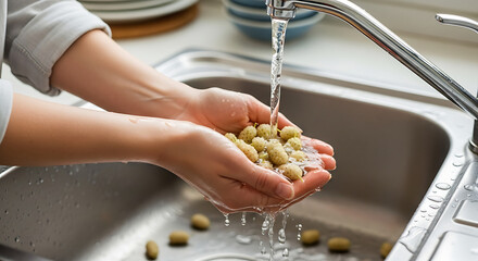 Hands delicately wash fresh beans under a stream of pure water in a kitchen sink. The image conveys the essence of preparation.