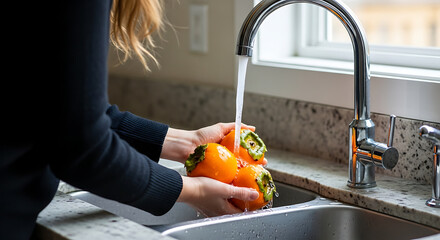 A person carefully washes vibrant persimmons under a flowing tap in the kitchen, a scene of freshness and healthy living.