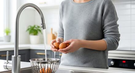 A woman rinses fresh eggs in a stainless steel sink with water flowing from the faucet in a clean and modern kitchen setting, highlighting a focus on food preparation.