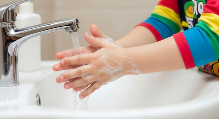 A child washes his hands with care. The image captures the essence of cleanliness and hygiene, showing the importance of washing hands.