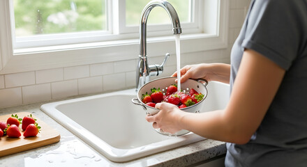 A person meticulously rinses freshly picked strawberries, preparing them for a delightful culinary experience, with a bright kitchen scene setting.