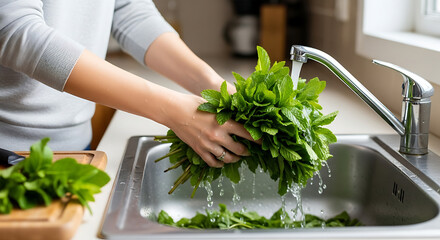 A person tenderly rinses fresh green herbs under a gleaming chrome faucet, washing away any imperfections. A scene of pure cleanliness and culinary freshness.