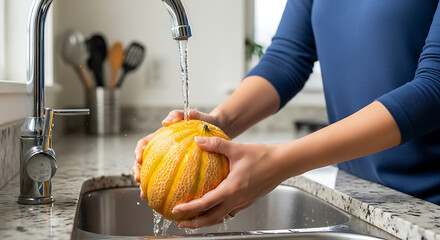 Close-up of a person washing a vibrant cantaloupe melon under a running water tap in a kitchen setting.