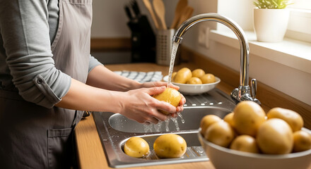 A person carefully washes golden potatoes under a running faucet. This image captures the essence of preparing fresh produce in a modern kitchen.