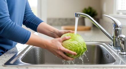 A person delicately rinses a fresh, vibrant head of cabbage under a flowing faucet in a domestic kitchen setting.
