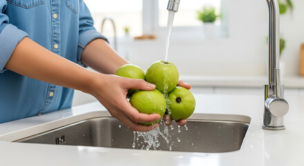A person washes fresh, vibrant green apples under the running water, a kitchen scene captured in a burst of vivid colors.