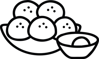 Black and white line art icons of a bento lunch box and a fried egg.