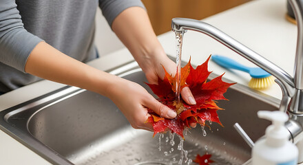 Close-up view of hands gently washing vibrant red autumn leaves under a kitchen faucet, creating a visual blend of nature and domestic life. 