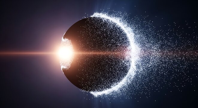 Digital rendering of a solar eclipse with light flare and particle effects.
