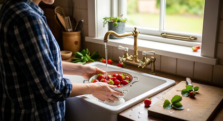 A person washing fresh strawberries in the kitchen, bathed in natural light.