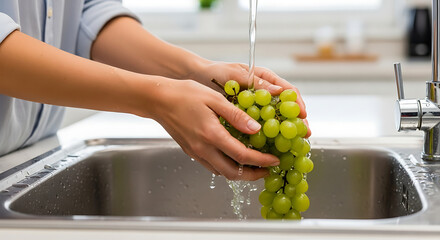 Washing fresh grapes in a kitchen sink, demonstrating the careful process of preparing food for consumption, emphasizing the importance of hygiene and freshness.