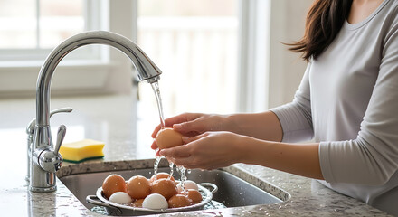 A woman washes a basket of fresh eggs in the kitchen sink under running water, embodying domesticity and freshness.