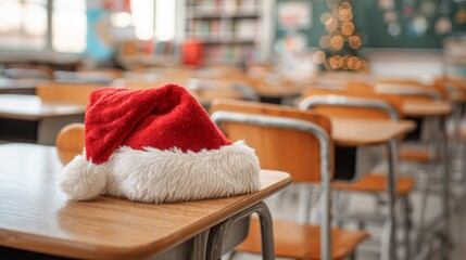 Merry christmas xmas celebration holiday education school concept - Santa hat on desk in a empty classroom