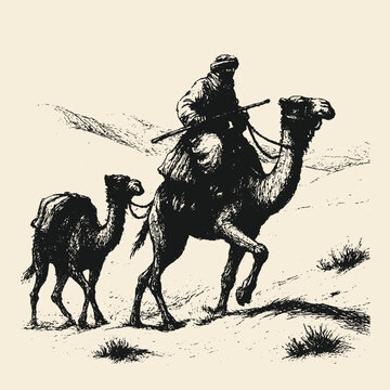 Vintage monochrome etching of a nomadic traveler riding a camel and leading a caravan across a desert landscape, symbolizing ancient trade routes, travel, and historical vector illustrations.