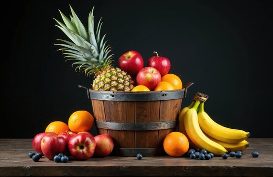 Wooden bucket overflows with ripe pineapple apples oranges bananas blueberries. Fresh assorted fruits are arranged on dark wooden table background. Healthy snack assortment.