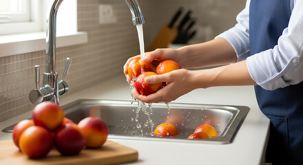 Close-up shot of hands washing fresh peaches in a kitchen sink, emphasizing freshness and culinary preparation.