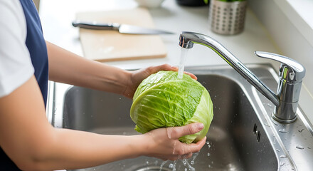 A person washes a vibrant green cabbage under running water in a kitchen sink. The image captures the freshness of the produce, the art of food preparation, and culinary lifestyle.