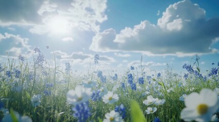 Enchanting bluebonnet meadow under a sun-kissed, cloud-dotted sky
