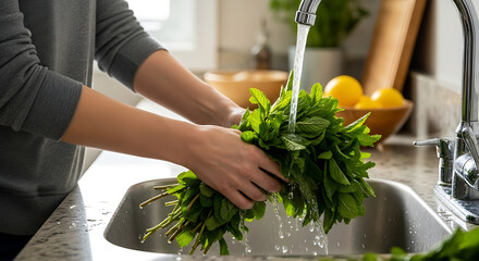 A person carefully washes fresh herbs under running water in a kitchen sink, emphasizing freshness and culinary preparation.