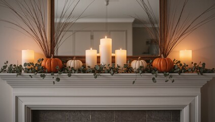 Stylish Thanksgiving Fireplace Mantel Decor with Pumpkins, Candles, and Autumn Garland Decoration