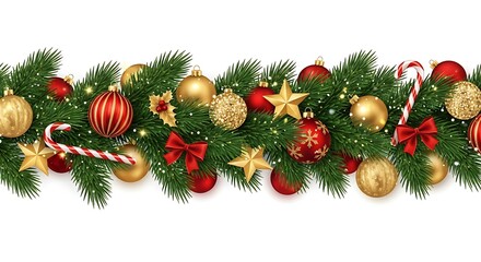 Festive christmas garland with ornaments and candy canes on white background