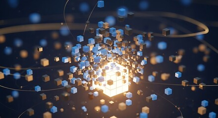 Abstract 3D render of cubes floating around a glowing center cube.