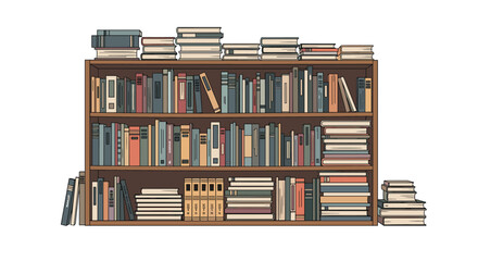 Illustration of a tall, brown wooden bookshelf filled with books on multiple shelves.